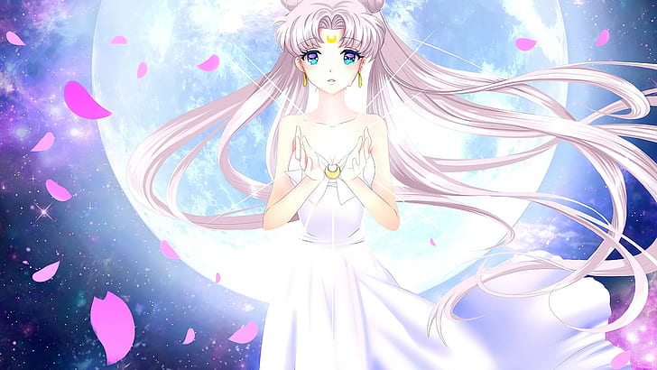 anime, chicas anime, Moon, Sailor Moon, pétalos de flores, Queen Serenity, Fondo de pantalla HD