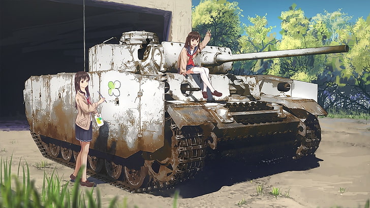 anime, tank, seragam sekolah, karakter asli, gadis anime, kendaraan, Wallpaper HD