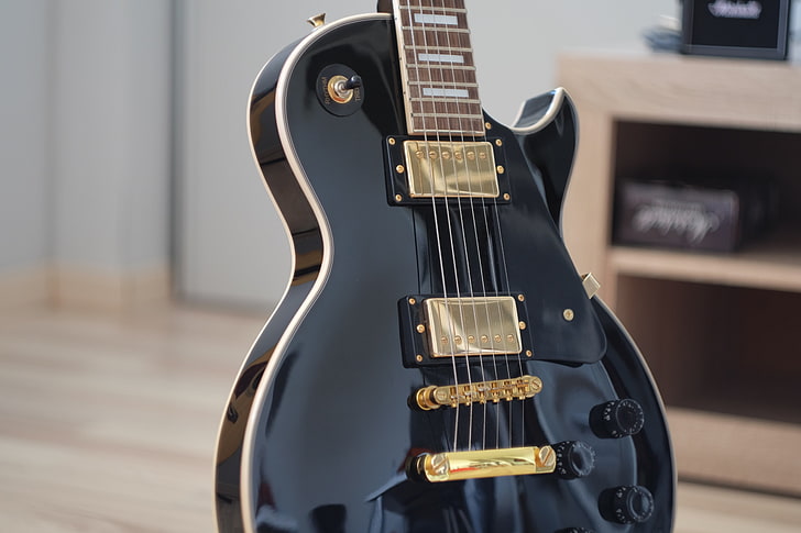 black Les Paul guitar, guitar, fretboard, strings, musical instrument, HD wallpaper