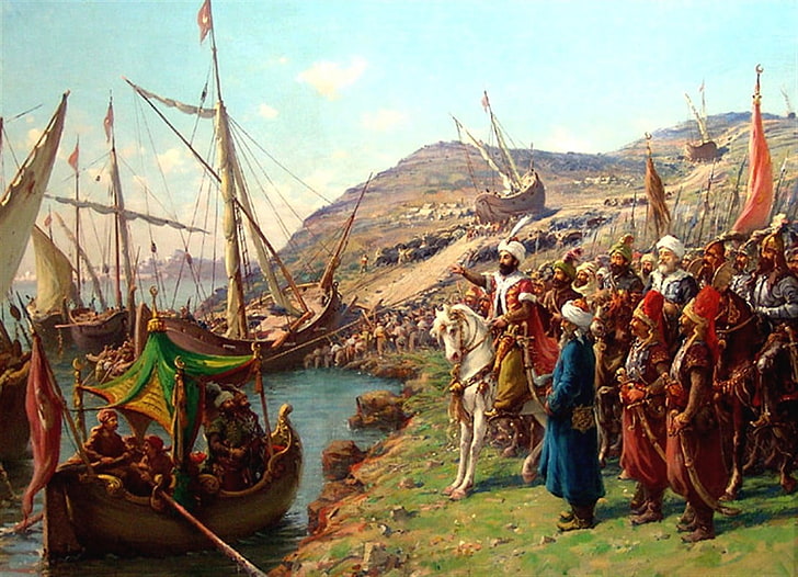رجل يركب لوحة حصان أبيض ، الإمبراطورية العثمانية ، التركية ، فاتح السلطان محمد (الثاني. محمد) ، تركيا ، اسطنبول ، بوزكورت، خلفية HD