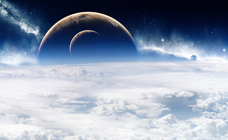 Beyond The Clouds, brown planet illustration, Space, Clouds, Beyond, HD wallpaper