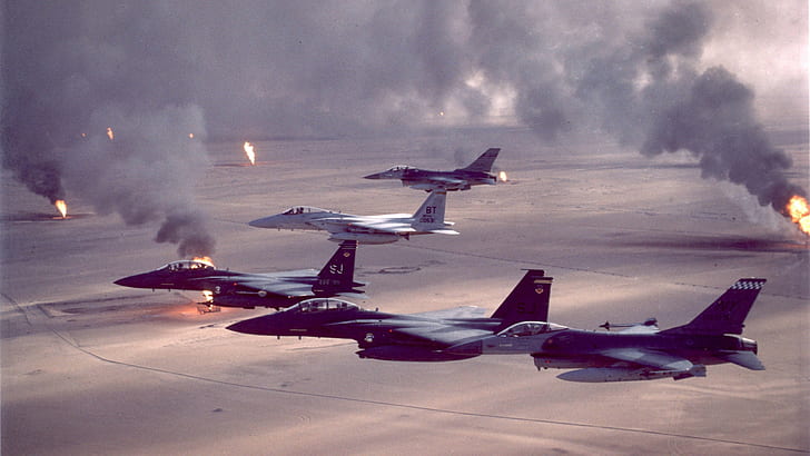 военные военный самолет реактивный истребитель операция пустыня шторм кувейт бухта война США военно-воздушные силы f 15 удар орел общая динамика f 16 боевой сокол, HD обои