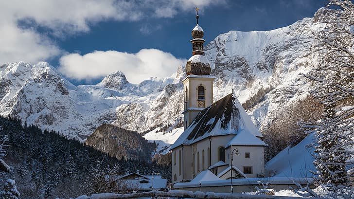 neve, montagne, Germania, Chiesa, Ramsau, Chiesa di San Sebastiano, Sfondo HD