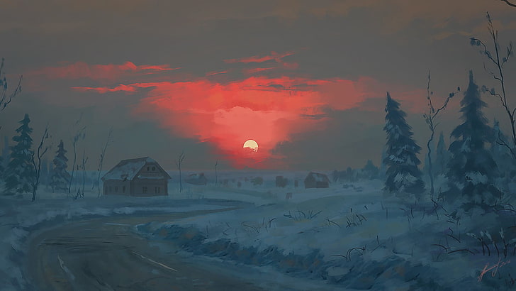 puesta de sol y ciudad cubierta con pintura de nieve, puesta de sol, arte digital, invierno, rojo, tarde, paisaje, nieve, pintura, Fondo de pantalla HD