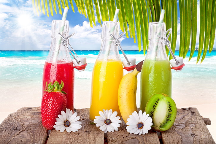 Erdbeer-, Kiwi- und Bananensaftflaschen, Smoothies, Erdbeere, Banane, Kiwi, HD-Hintergrundbild
