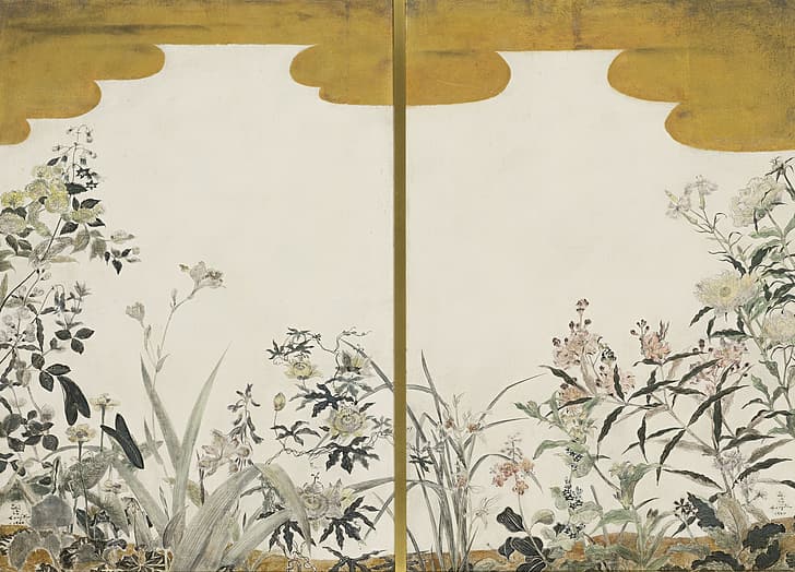 1940, Tsuguharu, Fujita, Flowers (two panels screens), oil and gold leaf, HD wallpaper