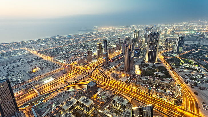 Burj Khalifa, cityscape, light trails, highway, anime, urban, Dubai, skyscraper, long exposure, nature, United Arab Emirates, city, HDR, road, lights, HD wallpaper