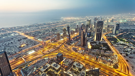 gri yüksek katlı bina, şehir, şehir, kentsel, ışıklar, anime, cityscape, yol, doğa, Birleşik Arap Emirlikleri, Dubai, otoyol, gökdelen, Burç Halife, HDR, uzun pozlama, hafif yollar, HD masaüstü duvar kağıdı HD wallpaper