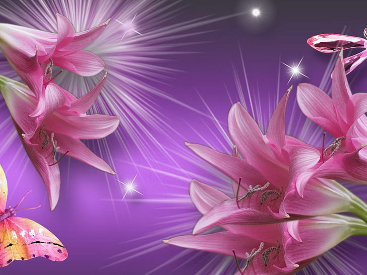 ✰gorgeous Pink N Purple✰, brooch, winged, leaves, bright, beautiful, brilliant, jewelry, flowers, animals, flutter, splendor, HD wallpaper