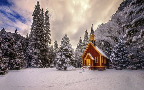 Winter, Bäume, Berge, Schnee, Hütte, Winter, Bäume, Berge, Schnee, Hütte, HD-Hintergrundbild HD wallpaper