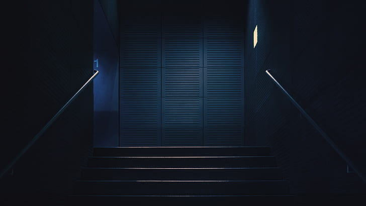 stairway blue dark lights handrail stairs numbers, HD wallpaper