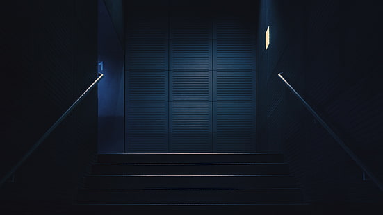 درج أضواء زرقاء داكنة أرقام درابزين الدرج، خلفية HD HD wallpaper