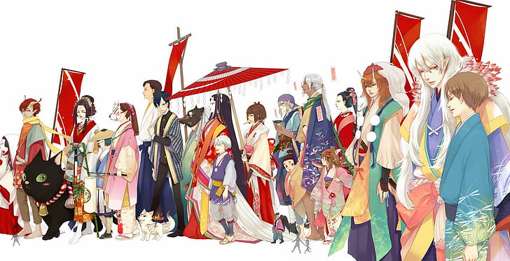 Personaggi anime fantasy, kitsune, originale, gruppo, kimono, natsume, fantasy, orientale, mononoke, Sfondo HD