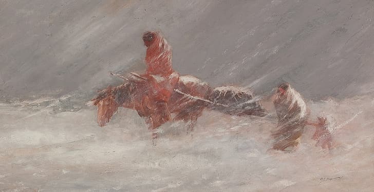water, horse, wagon, Oscar Edmund Berninghaus, Snow Storm, HD wallpaper