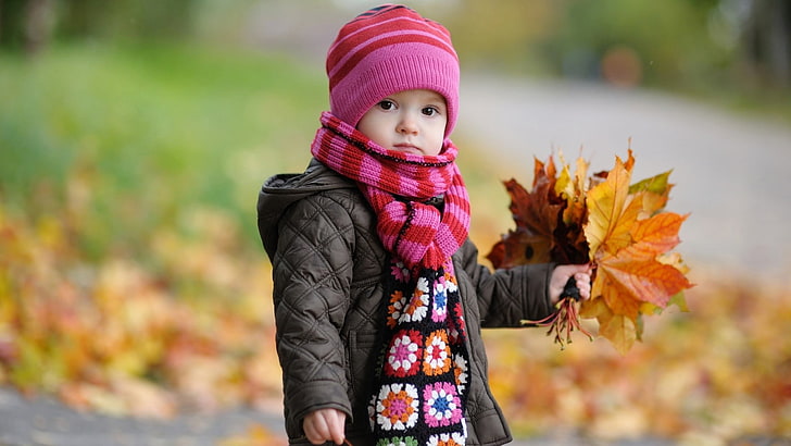 girl's brown winter jacket and pink scarf, child, girl, autumn, leaves, HD wallpaper