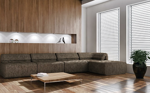 Camera elegante, divano ad angolo in tessuto marrone, fotografia, 2880x1800, camera, pianta, tavolo, divano, interior design, Sfondo HD HD wallpaper