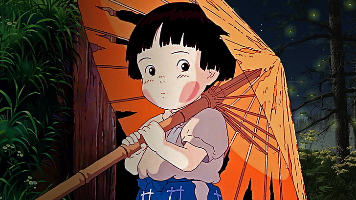 girl anime character holding paper oil umbrella, hotaru no haka, isao takahata, 1988, anime, HD wallpaper