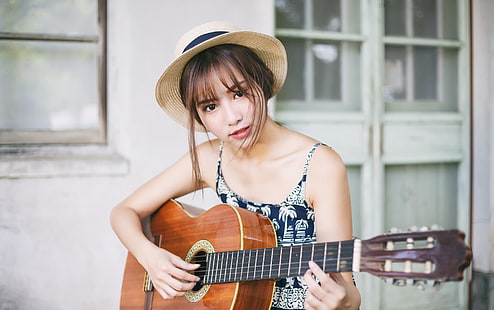 Asiático, mulheres, modelo, violão, instrumento musical, HD papel de parede HD wallpaper