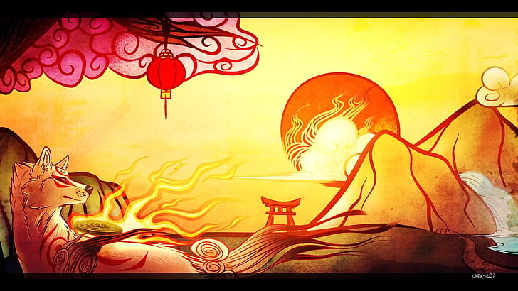 ilustracja biało-czerwonego smoka, futrzany, Amaterasu, Okami, Tapety HD