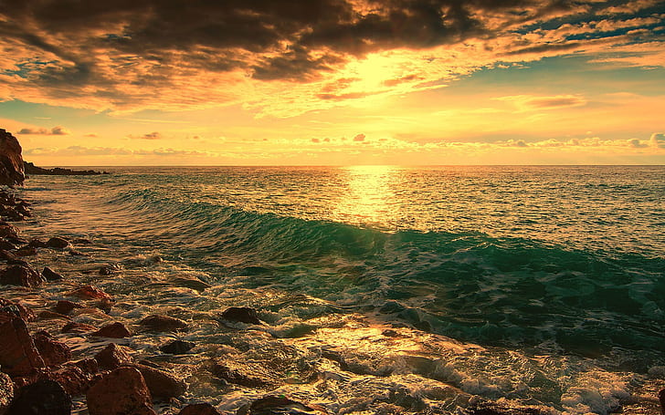 Sea, beach, rocks, waves, dusk, Sea, Beach, Rocks, Waves, Dusk, HD wallpaper