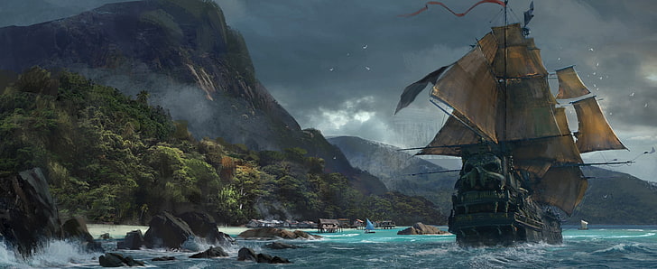 Skull and Bones game Concept Art, sailboat near mountain digital wallpaper, Games, Other Games, Ship, Game, Pirate, conceptart, 2018, skullandbones, HD wallpaper