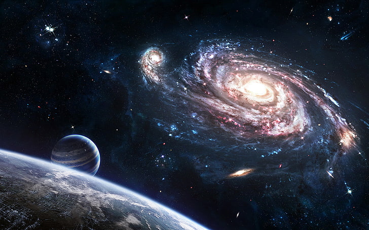 galassia e pianeti, spazio, pianeta, stelle, galassia, arte digitale, arte spaziale, Sfondo HD