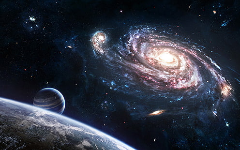 галактика и планеты, космос, планета, звезды, галактика, цифровое искусство, космическое искусство, HD обои HD wallpaper