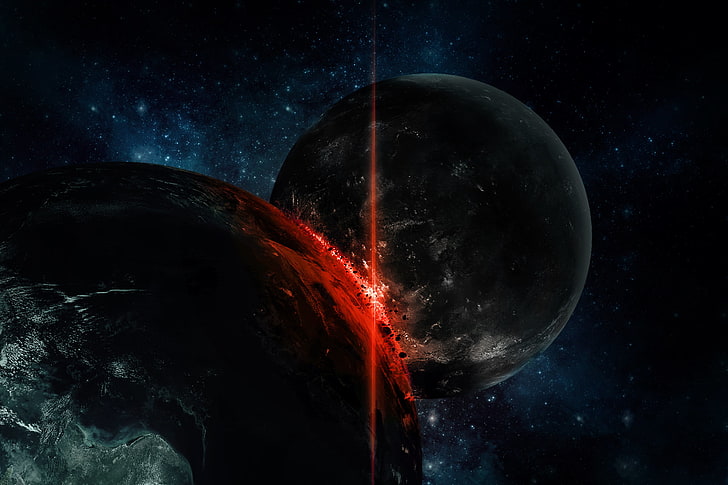 two planets, the wreckage, fire, planet, disaster, blow, clash, stars, impact, HD wallpaper