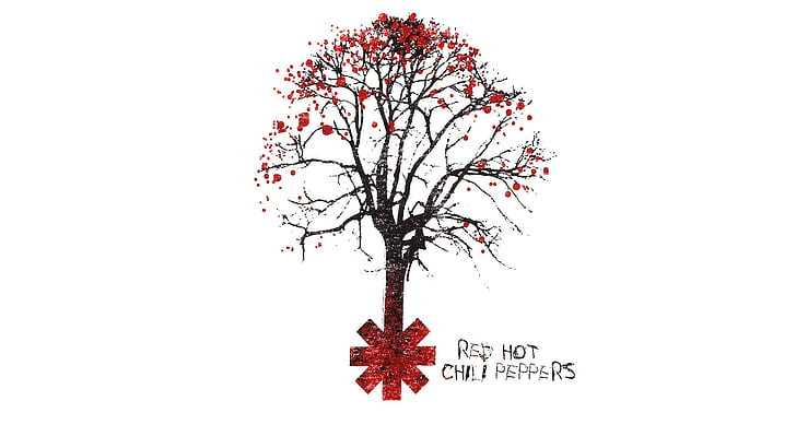 Red Hot Chili Peppers, music, simple background, red, white, trees, artwork, HD wallpaper
