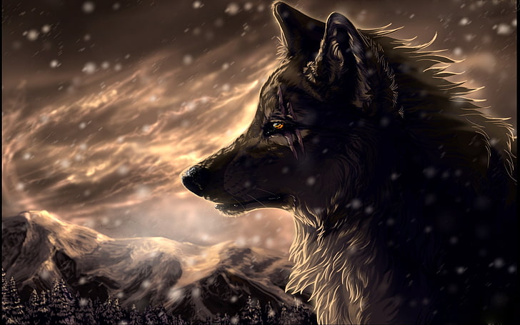 волк иллюстрация, волк, аниме, животные, снег, фэнтези арт, HD обои