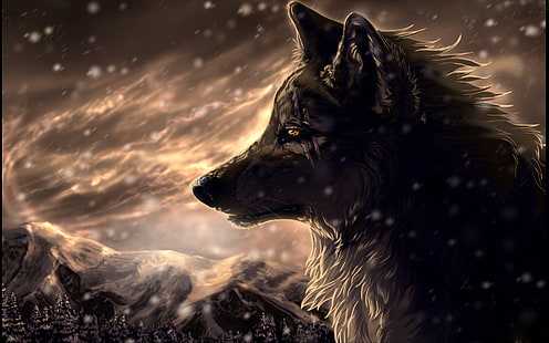волк иллюстрация, волк, аниме, животные, снег, фэнтези арт, HD обои HD wallpaper