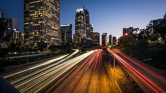 time-lapse photo of high-rise buildings and highway road, highway 110, los angeles, highway 110, los angeles, Highway 110, Los Angeles, United States, Cityscape, photography, time-lapse, photo, high-rise buildings, highway, road, night, fuji, sunset, fujifilm, bank, long exposure, urban, sky, motion  photography, architecture, rokinon, trails, geotagged, cars, California, traffic, urban Scene, street, speed, transportation, downtown District, urban Skyline, skyscraper, city, dusk, car, illuminated, blurred Motion, city Life, built Structure, modern, business, motion, building Exterior, HD wallpaper HD wallpaper