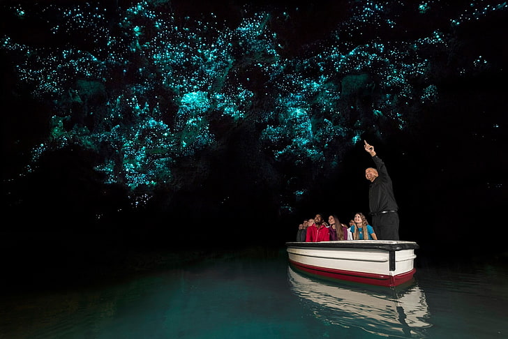 Natur, Höhle, Boot, Tourismus, Neuseeland, Menschen, lächelnd, Wasser, See, Würmer, leuchtend, Reflexion, Männer, Frauen, HD-Hintergrundbild