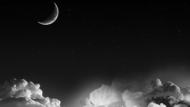 crescent moon and white clouds, Moon, clouds, monochrome, HD wallpaper