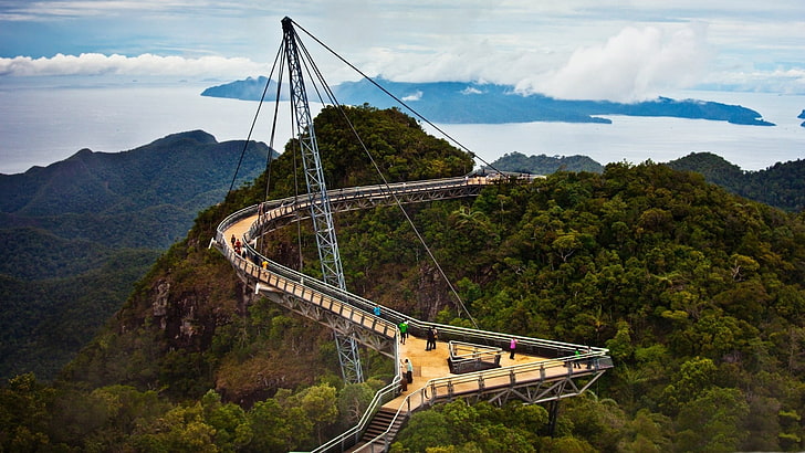 ponte de arco de aço prata, malásia, langkawi, ponte, paisagem, árvores, HD papel de parede