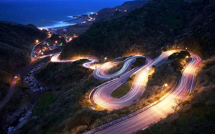 Bend along the tortuous downhill road at night, Bend, Tortuous, Downhill, Road, Night, HD wallpaper
