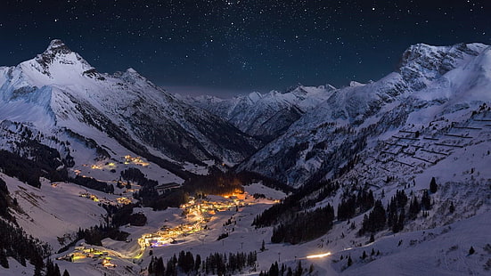 небо, природа, горный хребет, зима, гора, снег, ночь, звездная ночь, массив, замерзание, ночное небо, звездное небо, горная деревня, деревня, HD обои HD wallpaper