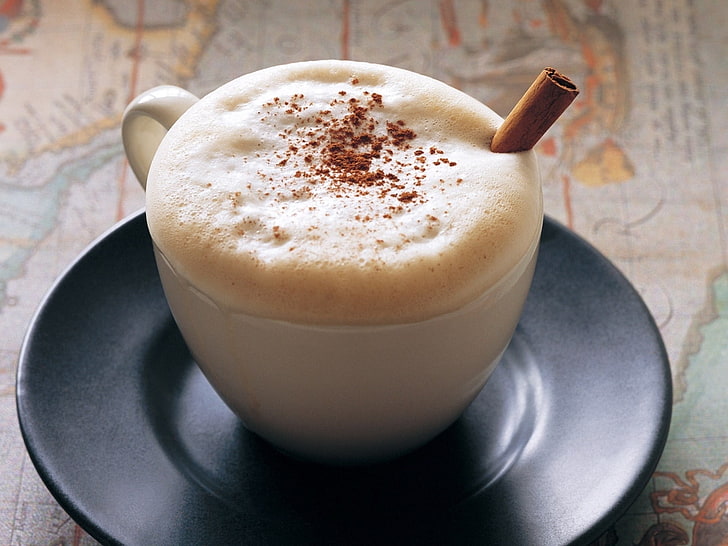 cup of coffee latte, coffee, cappuccino, cup, saucer, cinnamon, foam, HD wallpaper