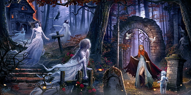 kyrkogård halloween tapet, spöke inuti kyrkogården, fantasikonst, digital konst, mörk, spöken, kvinnor, kyrkogård, träd, grav, grindar, hus, brand, skog, skulptur, trappa, kors, fåglar, dimma, gren, falla, HD tapet HD wallpaper