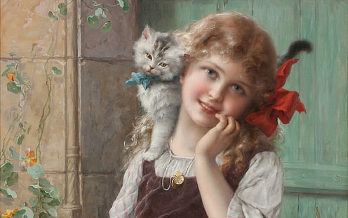จิตรกรชาวฝรั่งเศสปี 1913 สีน้ำมันบนผ้าใบ Paul Emile Vernon เอมิลเวอร์นอนเด็กสาวกับลูกแมว, วอลล์เปเปอร์ HD HD wallpaper