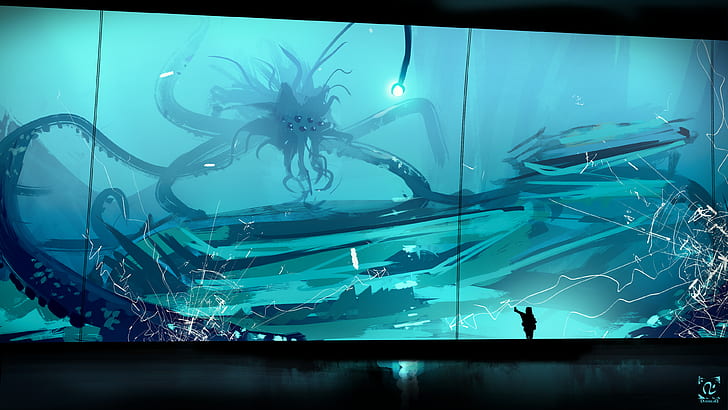 personne debout devant le grand aquarium avec le monstre marin à l'intérieur du papier peint numérique, aquarium, art numérique, verre, Fond d'écran HD