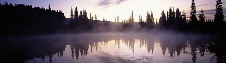 霧の夢のような湖のマルチスクリーン3840x1080自然湖HDアート、夢のような、ミスト、 HDデスクトップの壁紙