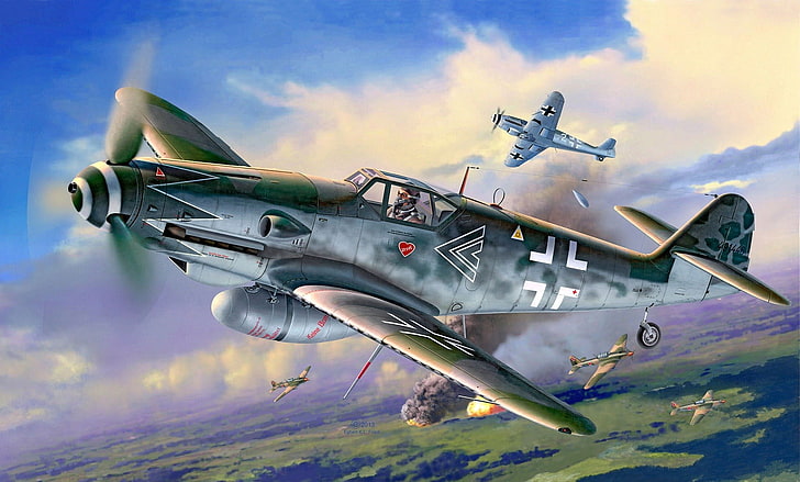 ภาพวาดเครื่องบิน Messerschmitt Messerschmitt Bf-109 Luftwaffe งานศิลปะเครื่องบินทหารสงครามโลกครั้งที่สองเยอรมนี, วอลล์เปเปอร์ HD