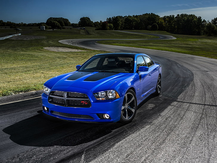 синий Dodge Challenger, додж, зарядное устройство, седан, дейтона, мускул кар, HD обои