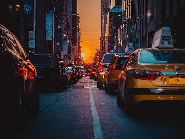 жълта кола с такси, трафик, коли, град, Ню Йорк, САЩ, HD тапет