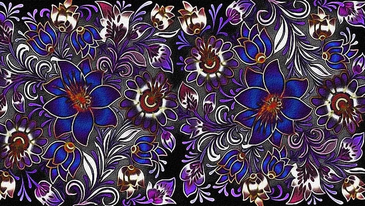 płótno, figura, tekstura, czarne tło, tekstylia, tkanina z motywem kwiatowym, ornament roślinny, farba akrylowa, Tapety HD