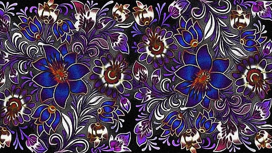 toile, figure, texture, fond noir, textiles, tissu avec motif de fleurs, ornement floral, peinture acrylique, Fond d'écran HD HD wallpaper