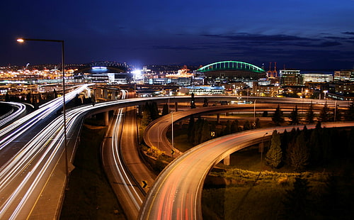 gray highway during night time, gray, highway, night time, Seattle, Rizal, Bridge, Photos, Pictures, Sheldon, Photography, Downtown, Skyline, Night  Long, Long Exposure, Lights, Cars, way, Sunset, night, traffic, street, cityscape, architecture, speed, urban Scene, multiple Lane Highway, road, transportation, dusk, car, urban Skyline, illuminated, bridge - Man Made Structure, overpass, downtown District, city, elevated Road, HD wallpaper HD wallpaper