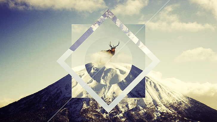 illustrazione di montagna, renne, animali, montagne, neve, polyscape, palchi, arte digitale, Sfondo HD