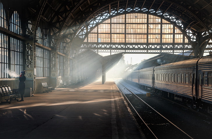 railway, train station, winter, snow, alone, women, sun rays, shadow, St. Petersburg, Russia, arch, train, HD wallpaper